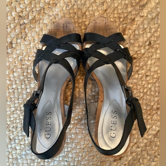 Guess Women’s Black Leather Strappy Cork Wedge Sandals Size 8.5 - Picture 4 of 11